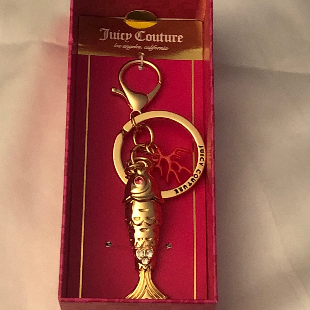 Juicy Couture Gold Tone & Pink Coral 3D Fish Bag Charm Crystal Accents NIB